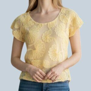 Zara Basic Women  Pale Pastel Yellow Floral Ribbon Scoop Neck Blouse Top Med EUC